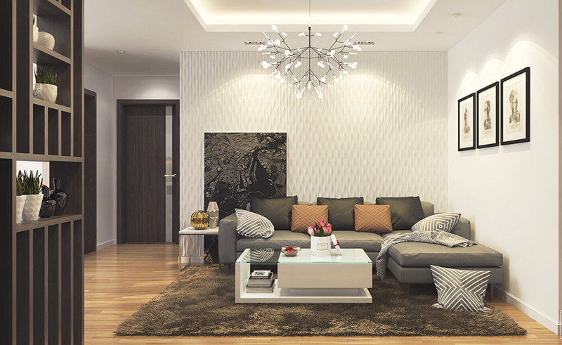 Thiết kế phòng khách gam màu xám trắng đem đến cảm giác ấm áp cho không gian phòng. 